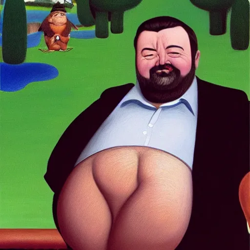 Prompt: Fernando Botero painting of Ricky Gervais relaxing and smoking weed, high definition art, extremely detailed