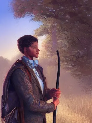 Prompt: a handsome young man, holding a adorned cane. walking in a rural area. intricate, elegant, highly detailed, digital painting, artstation, concept art, sharp focus, illustration, by justin gerard and artgerm, 8 k