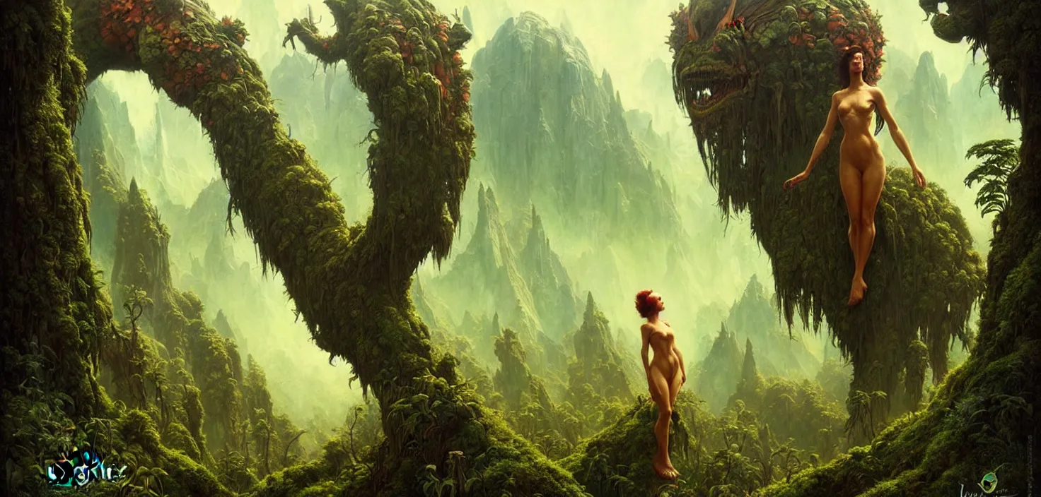 Image similar to exquisite, imaginative alien creature poster art, humanoid, lush, verdant landscape, utopia, tall mountain far view, movie art, by lucusfilm weta studio tom bagshaw james jean frank frazetta, mucha, james gurney