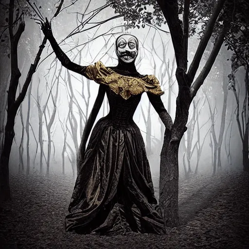 Prompt: 1860 photo of an old freak show spider-woman, on the middle of a forest, spooky , veins, arteries, intricate, golden ratio, full frame, elegant, highly detailed, ornate, ornament, sculpture, elegant , luxury, beautifully lit, ray trace, 3d, PBR