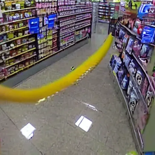 Image similar to cctv footage of large snake in walmart, high angle security camera feed, blurry and glitchy,