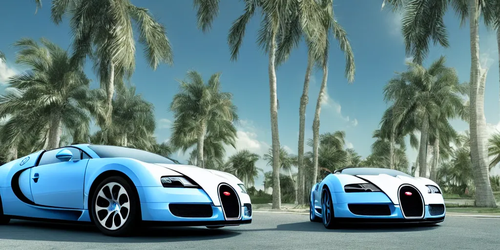 Prompt: bugatti veyron, 3 d primitive rendering, palm trees, 8 0 s vaporwave