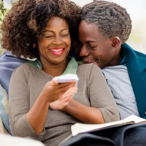 Prompt: a woman sitting on a chair Reading a book,her husband Is behind her smiling