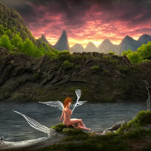 Prompt: a very beautiful fantasy nymph on the bank of a river with morning sunrise in the distance and jagged faded mountains beyond