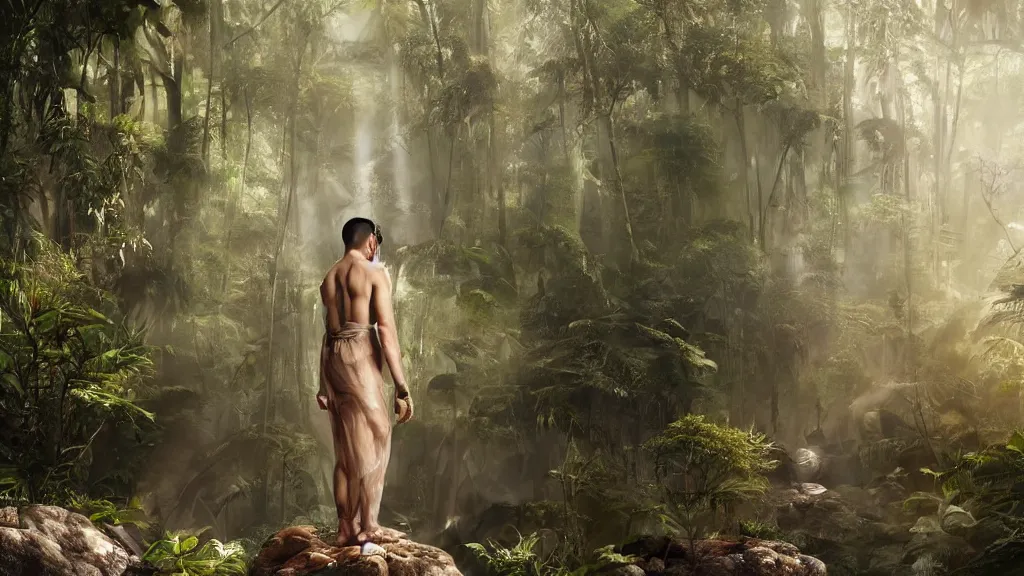Prompt: a lonely fit toned asian male draped in clear iridescent cloth, face show no emotion, standing inside a tropical forest, by sung choi by john kirby artgerm and greg rutkowski by ivan shishkin, octane render, unreal engine, watercolor, telephoto, 8 k, natural lighting, in a symbolic and meaningful style