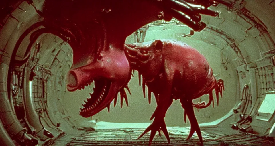 Image similar to peppa the pig infected by xenomorph from movie alien 1 9 7 9, staying at nostromo spaceship. extreme long shot, 4 k, cinestill, giger, hermann nitsch, dark colors