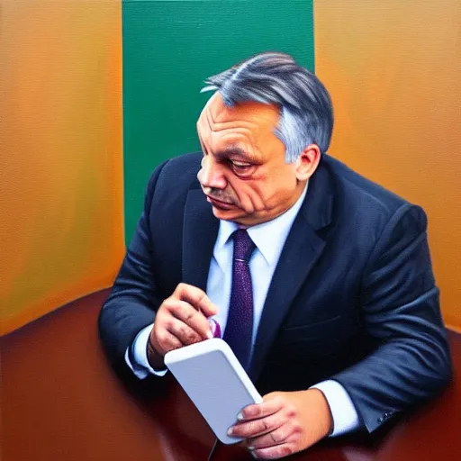 Image similar to viktor orban tiktok on his phone in a cubicle, oil painting