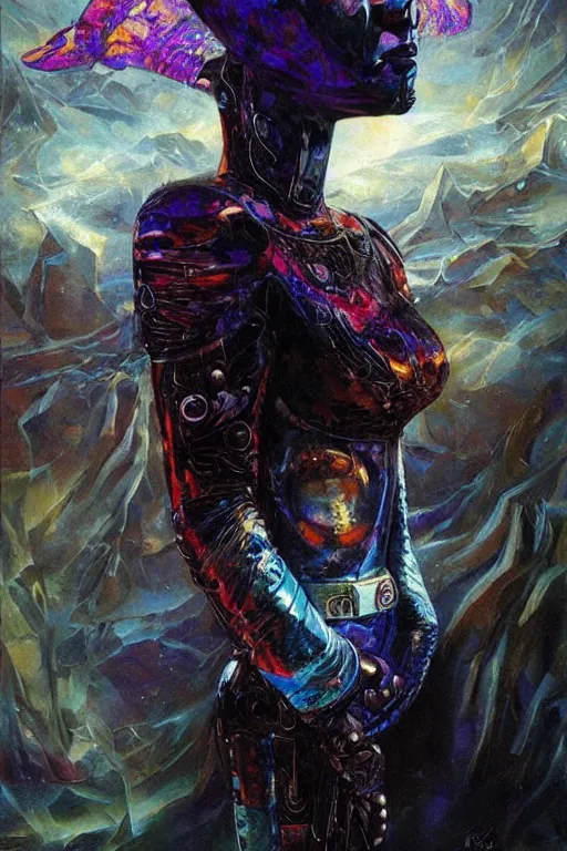 Image similar to portrait of raven, perfect future, iridescent color palette, art by karol bak, 1 9 7 0 s retro future robot android. muted colors