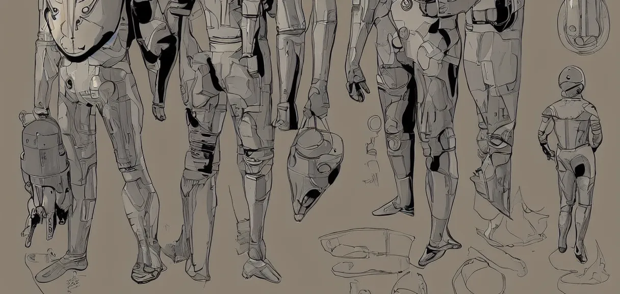 Image similar to male, full body, space suit with a modern helmet, large shoulders, short torso, long thin legs, tiny feet, character sheet, science fiction, very stylized character design, digital painting, by mike mignola, by alex maleev, jean giraud, painted by leyendecker