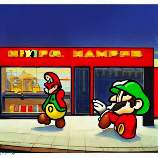 Prompt: nighthawks by hopper, but with super mario characters