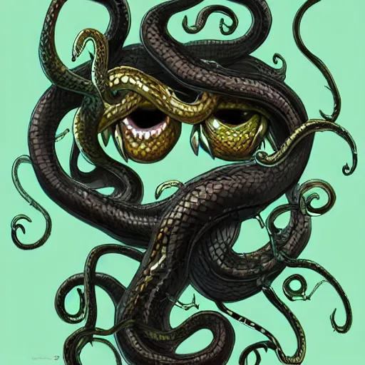 Prompt: torquoise fantasy fanged medusa, medusa head, snake heads, medusa head, snake heads, medusa head, snake tongue, snake tongue, snake eyes, hair made of snake eyes, fantasy game art, fantasy rpg, league of legends