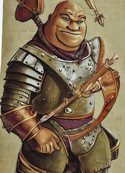 Image similar to medival scroll painting of a Shrek in armour from Shrek the movie, fine detail,