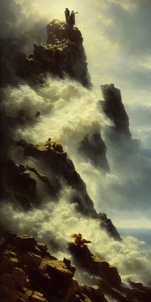 Image similar to a big cliff at the middle of the day in 1 9 4 0, stormy sea, a men stand up at the edge of the precipice, steam punk, mystical yellow fog, oil on canvas, art by andreas achenbach, clemens ascher, tom bagshaw and sabbas apterus,