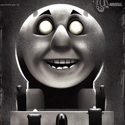 Image similar to gloomy and frightening creepy smiling thomas the engine goes straight to hell, artstation