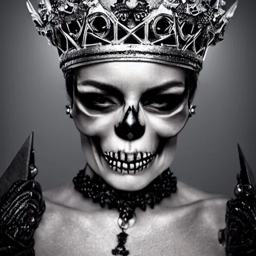 Prompt: skull queen with an origami crown, hints of silver jewelry, gothic, eerie, intricate detail, dramatic lighting, mist, grey, 8k