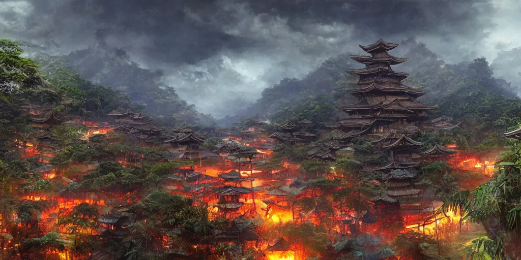 Prompt: a gigantic standing haunted samurai guardian dominates a huge hidden bamboo village in the jungle, evening, ominous sky, flags, matte painting, craig mullins