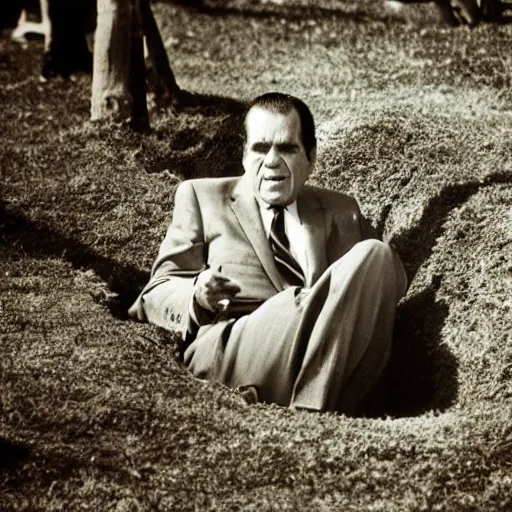 Image similar to president richard nixon crawling out of a grave. photograph. high quality. low angle