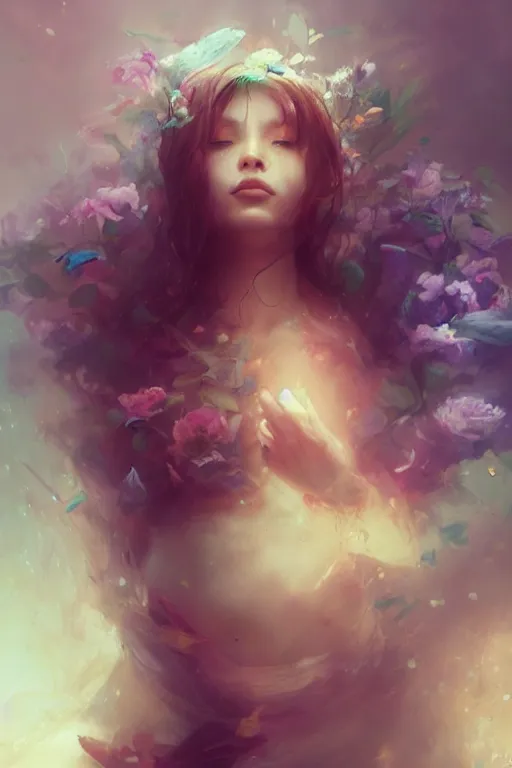 Image similar to face closeup a young beautiful girl drowned in water, underwater photography, 3 d render, hyper realistic detailed portrait, holding magic flowers, ruan jia, wlop. scifi, fantasy, hyper detailed, octane render, concept art, by peter mohrbacher, by wlop, by ruan jia