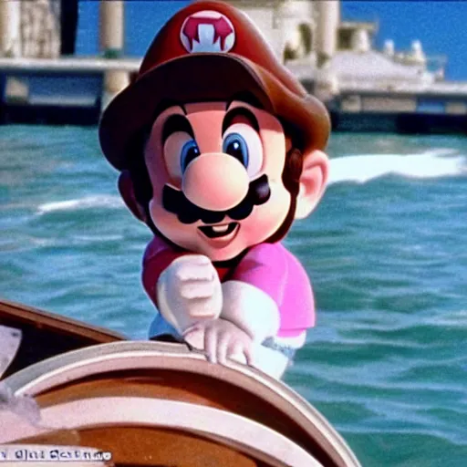 Image similar to highly detailed beautiful Dana Kaminsky on a boat in Super Mario Brothers movie