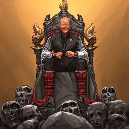Prompt: Joe Biden sitting on a throne of skulls, digital painting, trending on artstation