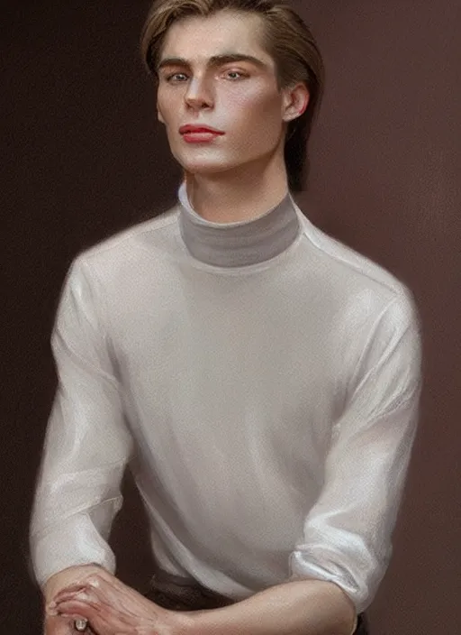 Prompt: a very skinny young white male close-up portrait of young white male, with long dark brown slicked back hair shoulder length slicked back hair, with pearl necklace and pearl earing, in the museum, in white turtleneck shirt, Tarzan, painting in the museum, highly detailed, sharp focus, digital painting, artwork by Kinkade, by Victor Adame Minguez by Tom Lovell by Leyendecker by Sandro Botticelli