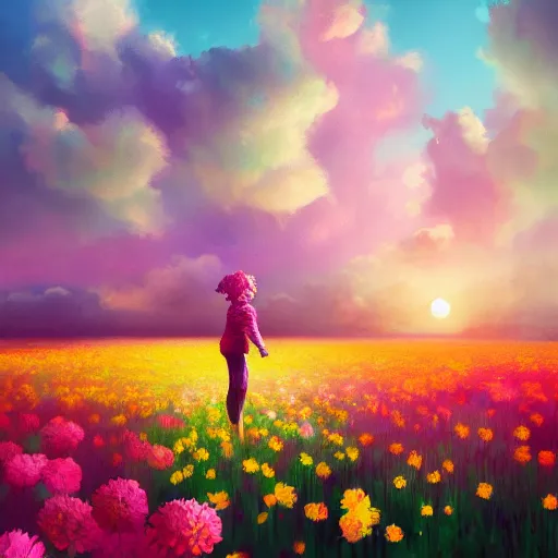 Prompt: girl made of giant flowers, dancing in a vast flower field, arms behind back, surreal photography, sunrise dramatic light, impressionist painting, colorful clouds, large sky, digital painting, artstation, simon stalenhag, flower face