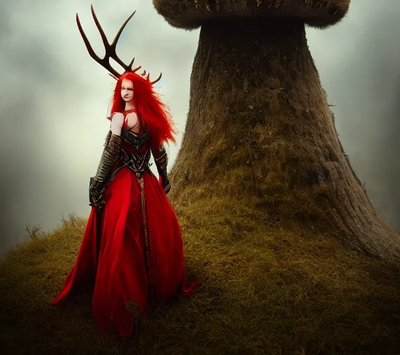 Image similar to a portrait photo of an armored woman warrior redhead with antlers sitting on the edge of a giant red cap mushroom that covers a whole town and reaches above the clouds by luis royo. intricate. lifelike. soft light. sony a 7 r iv 5 5 mm. cinematic post - processing