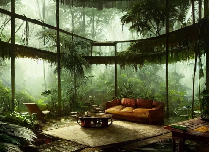 Image similar to a beautiful painting of the interior of a geodesic house in a moist tropical rainforest, living room, by greg rutkowski, realism, artstation, nature