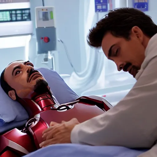 Prompt: iron man lying in a hospital bed getting treatment from doctor house