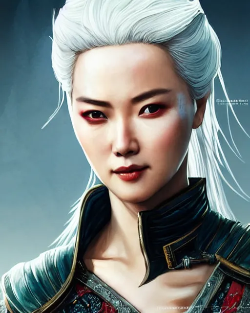 Image similar to Zhang Ziyi as Ciri from Witcher 3 by Artgerm and Greg Rutkowski, wearing haute couture by schiaparelli, sharp focus, sun rays, intricate, elegant, highly detailed, digital painting, masterpiece.