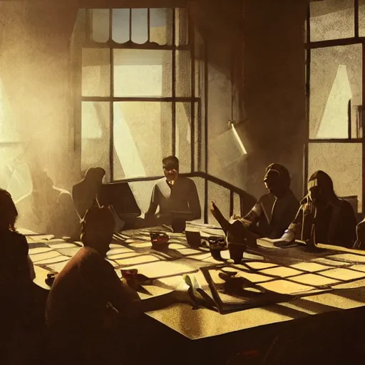 Image similar to a table with 1 0 people all sitting, buisness, vintage decor, illumanati, serious, craig mullins, warm sunlight threw the roof, dust particles illuminated in the sun beam,