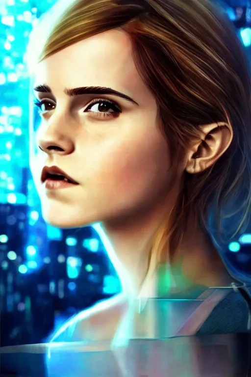 Image similar to Emma Watson, head and shoulders portrait, the background is a huge futuristic city, cyberpunk style futuristic neon lights, artstation cgsociety masterpiece highly-detailed