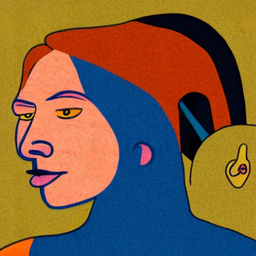 Prompt: illustrated portrait of ugly ram-horned woman with orange skin and blue hair