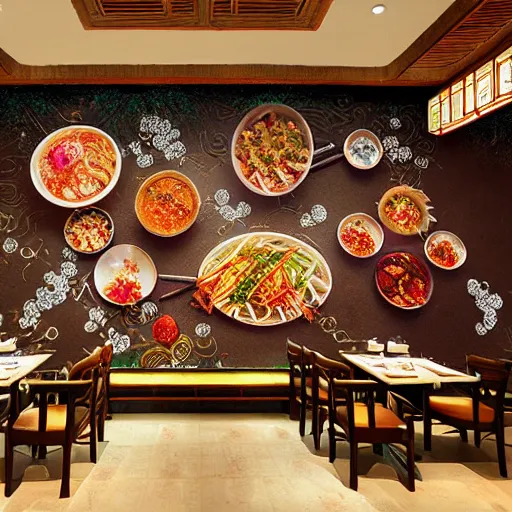 Image similar to a beautiful hyperdetailed 4 k hd wallpaper illustration interior of roasted string hotpot restaurant restaurant yan'an, wall painting, from china, with merchant logo, fine delicate structure, chinese style, victo ngai