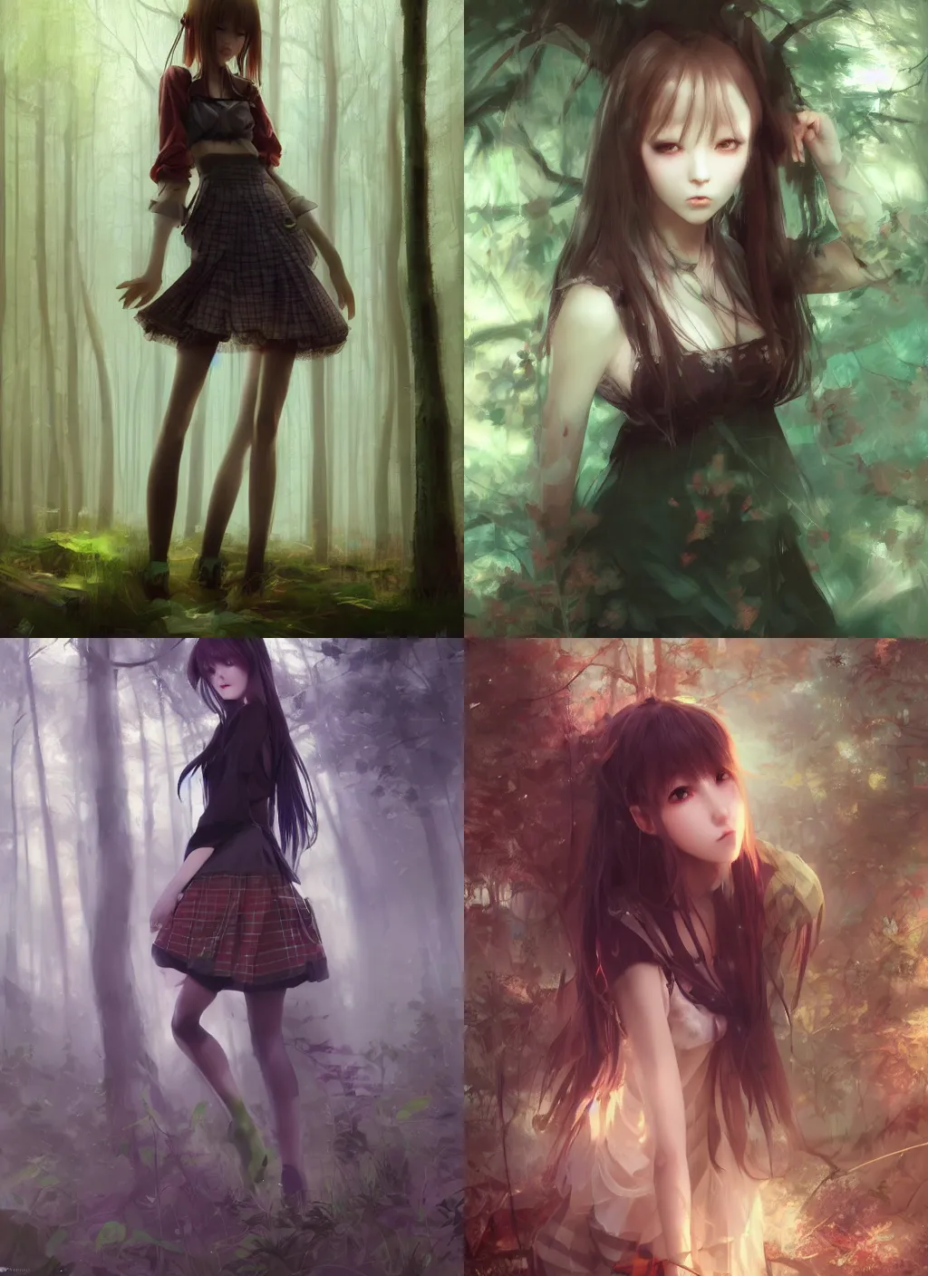 Prompt: beautiful woman in plaid miniskirt standing in a dark forest, anime style, by yoshitaka amano, by wenjun lin, by jeremy lipking, digital drawing, gorgeous face, octane render, half body composition