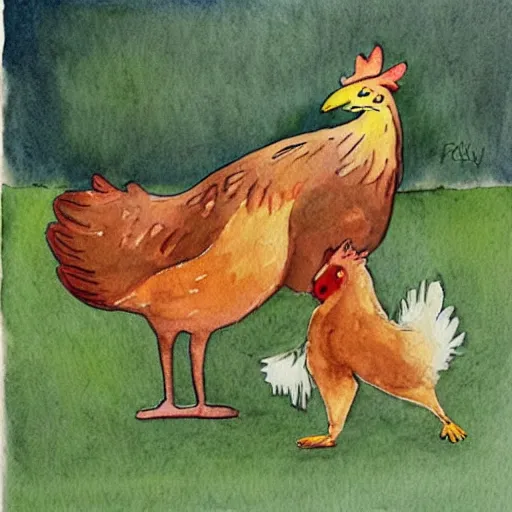 Prompt: fox dancing with a chicken in a hen house, watercolor illustration,
