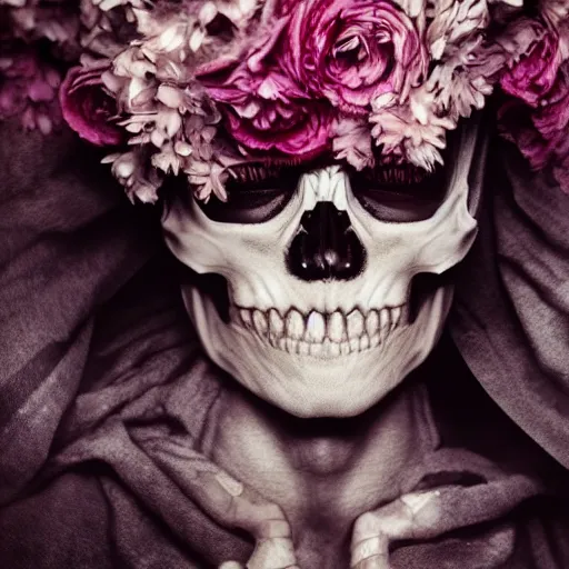 Prompt: cinematic shot epic portrait skeleton wearing a dark robe covered in flowers, hyper realistic, mood lighting, fantasy, detailed face, highly detailed, super realistic, perfect lighting pixel sorting