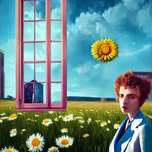 Prompt: huge daisy flower as a head, woman in suit, standing next to modern window in luxury apartment, surreal photography, sunlight, impressionist painting, digital painting, artstation, simon stalenhag