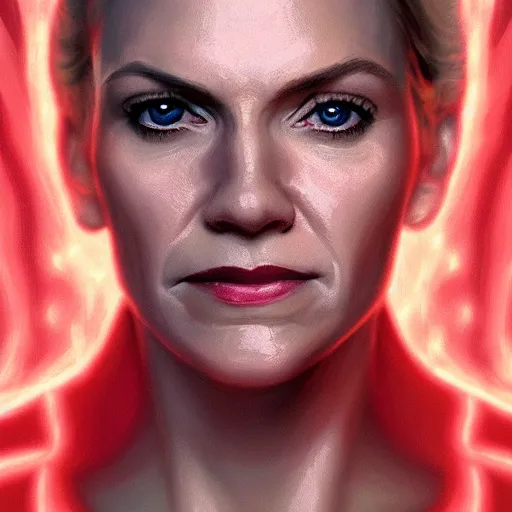 Image similar to portrait painting of rhea seehorn with red rays of light coming out of her eyes, beautiful detailed face, ultra photorealistic, concept art, intricate details, serious, highly detailed, smooth, sharp focus, featured on artstation, 8 k