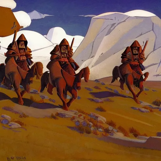 Image similar to slavic orcs in the steppe, orcs lord of the rings, orthodox, art by nicholas roerich, high resolution, trending on artstation,