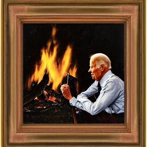 Prompt: eye level portrait painting by Norman Rockwell of Joe Biden sitting in a chair at a 45 degree angle from the camera. Cozy fire. Legs apart