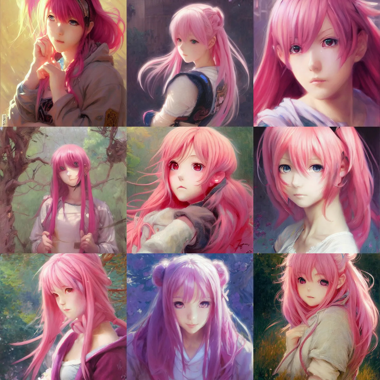 Prompt: cute anime girl portraits, pink hair, twintails, wearing hoodie, anime, painting by gaston bussiere, craig mullins, j. c. leyendecker