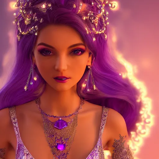 Image similar to portrait princess of amethyst, glowing, ornate and intricate purple jewelry, jaw dropping beauty, glowing background lighting, purple accent lighting, hyper detailed, fairy tale, 4 k octane render