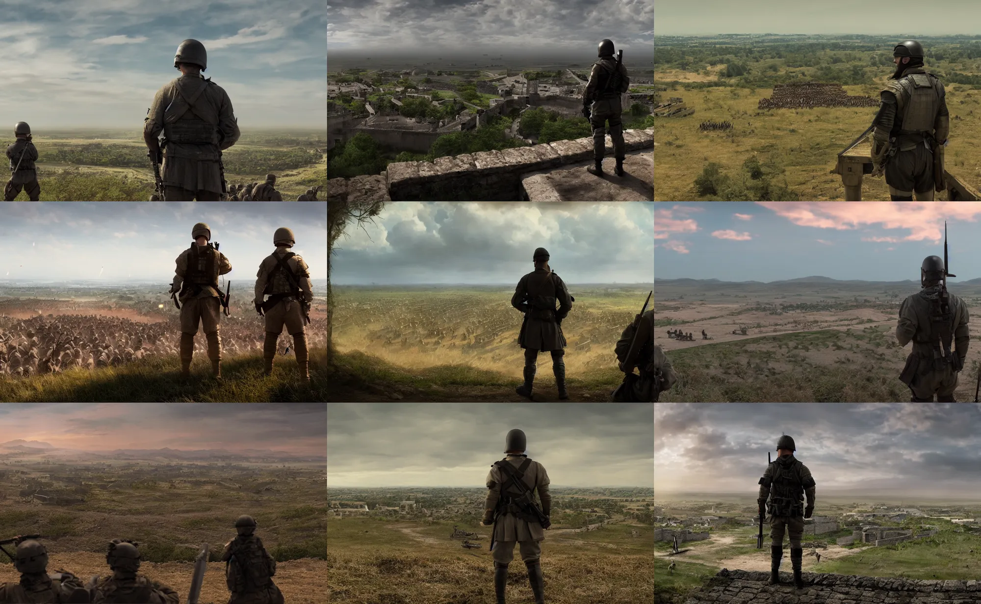 Prompt: cinematic view from behind a commander standing on the battlements watching an enemy army in the distance, by greg rutowski, 4 k, masterpiece