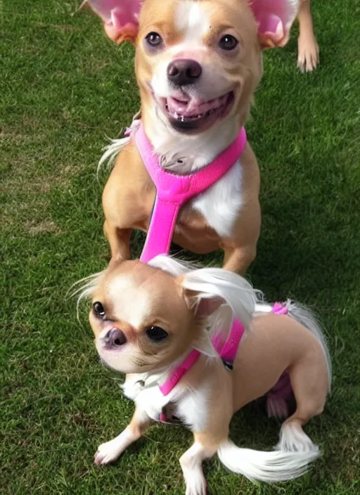 Image similar to fully grown tan pit bull, long - haired chihuahua, pomeranian mix, wearing a pink harness