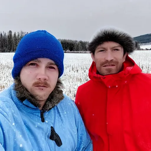 Image similar to two men standing in a snow-covered field, one of them wearing a blue beanie and the other wearing a red beanie, both wearing windbreakers
