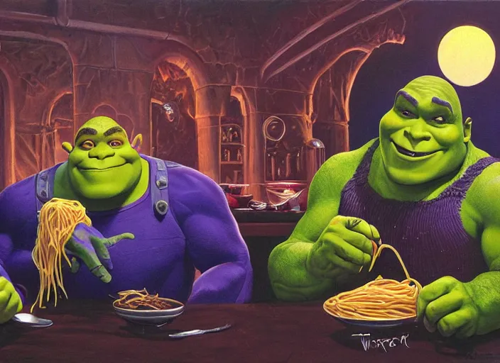 Prompt: painting of shrek and thanos eating spaghetti at dusk, in the style of michael whelan and james gurney and wayne barlowe