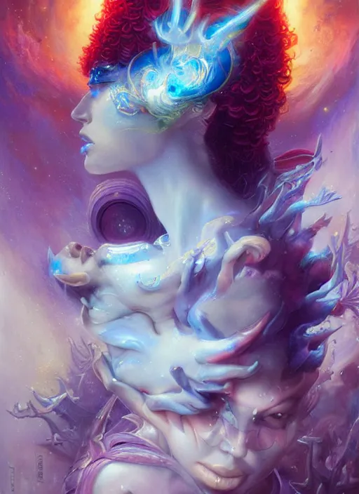 Image similar to beautiful gemini good and evil fantasy female character portrait, highly saturated colors, ultra realistic, wide angle, intricate details, the fifth element artifacts, holographic undertones, highly detailed by peter mohrbacher, hajime sorayama, wayne barlowe, boris vallejo, aaron horkey, gaston bussiere, craig mullins