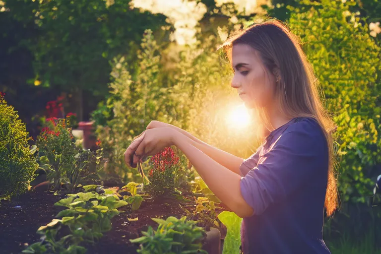 Image similar to a beautiful young woman working in the garden at golden hour, canon EOS, 8k