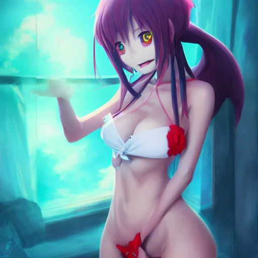 Image similar to anime portrait of a cute ghoul smiling as an anime girl, bikini, by Stanley Artgerm Lau, WLOP, Rossdraws, James Jean, Andrei Riabovitchev, Marc Simonetti, and Sakimichan, trending on artstation